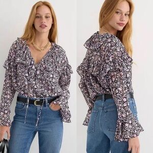 J. Crew Navy Floral Flourish Printed Ruffle Crinkle Chiffon Top